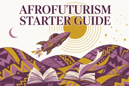 Editorial Afrofuturist illustration of a spaceship rising over a geometric patterned landscape under a large sun, with the text 'Afrofuturism Starter Guide'