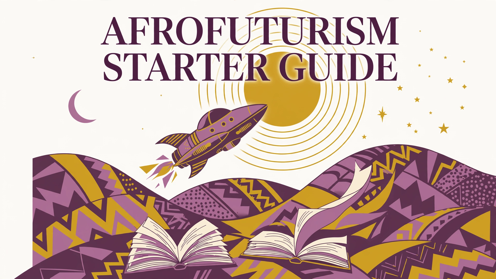 Editorial Afrofuturist illustration of a spaceship rising over a geometric patterned landscape under a large sun, with the text 'Afrofuturism Starter Guide'