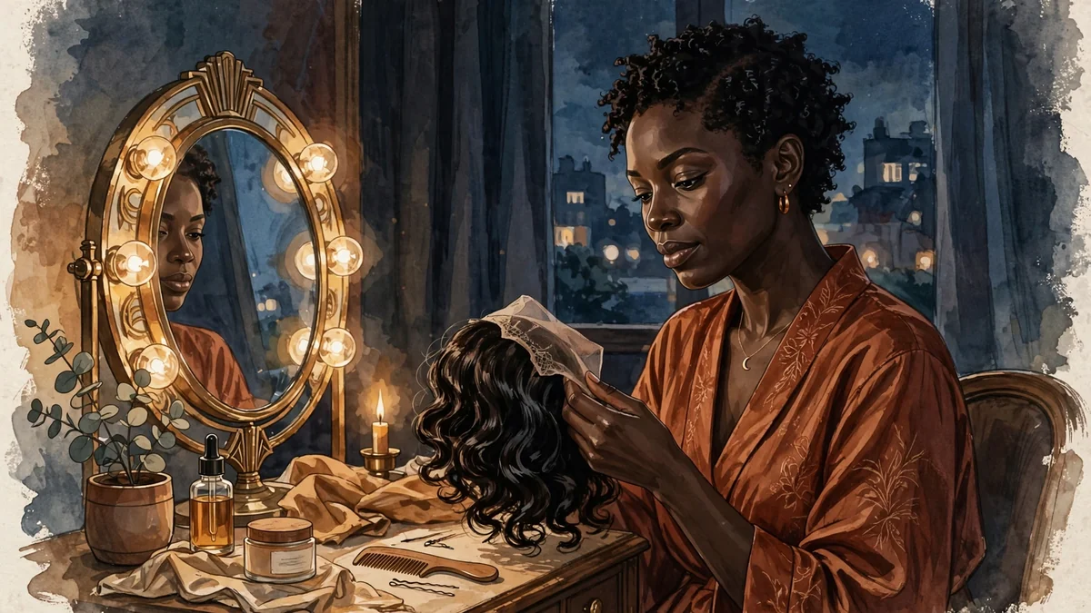 Illustration of a woman at a vanity mirror at night holding a removed wig, her short natural curls revealed