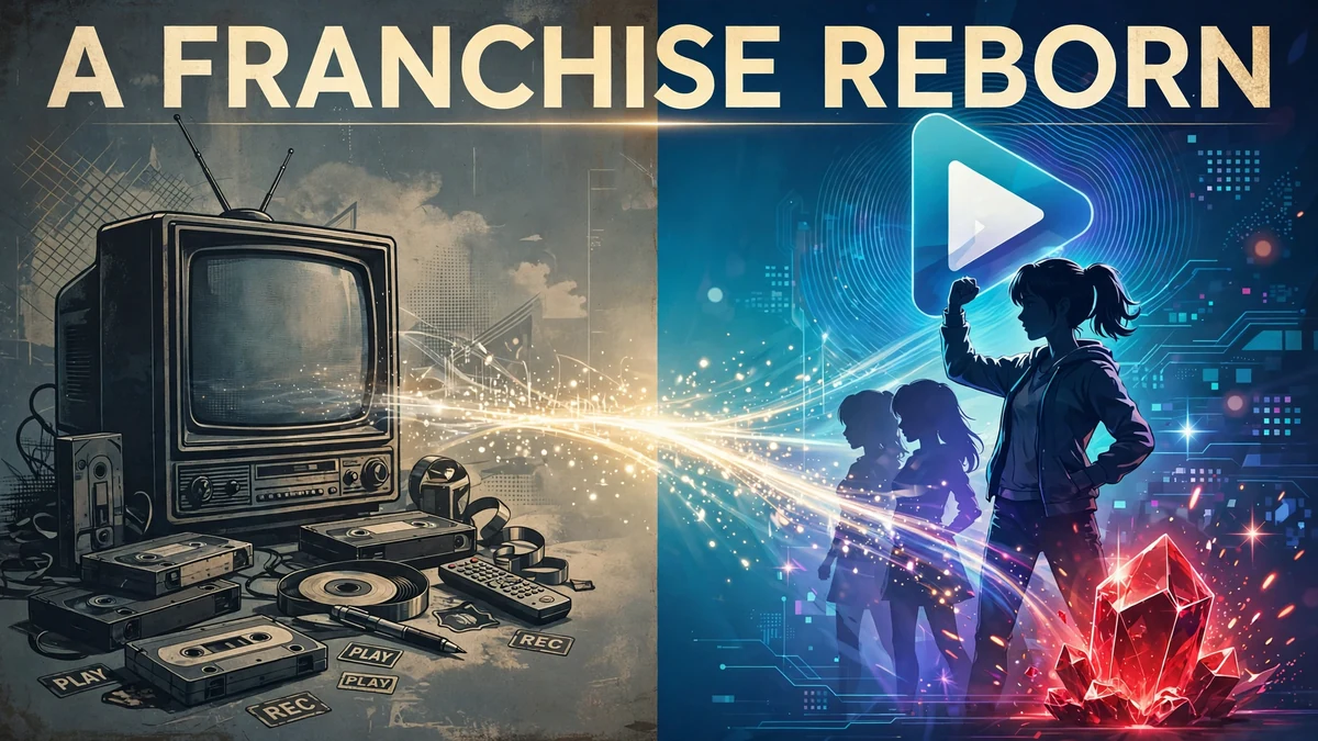 Illustration split between a retro television with tapes and a modern streaming scene with a new heroine