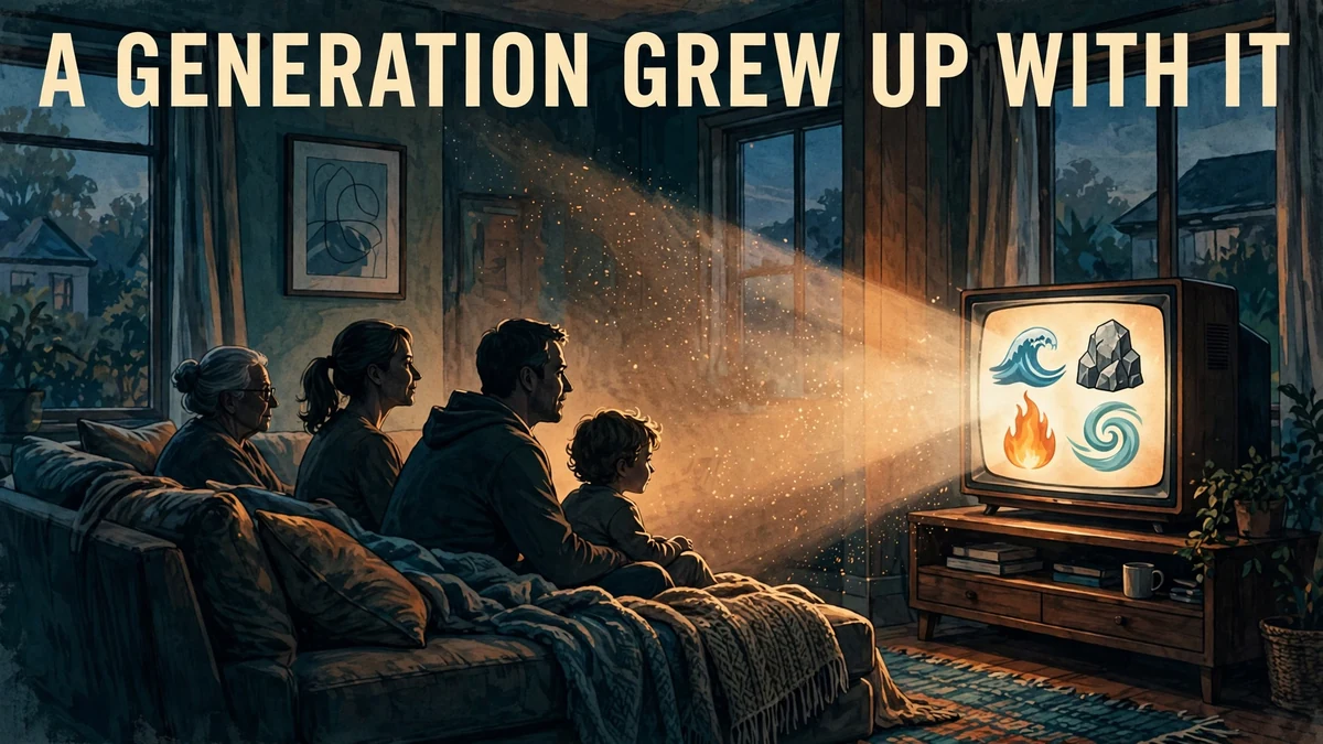 Illustration of a family of different ages watching the four element symbols on a television at dusk