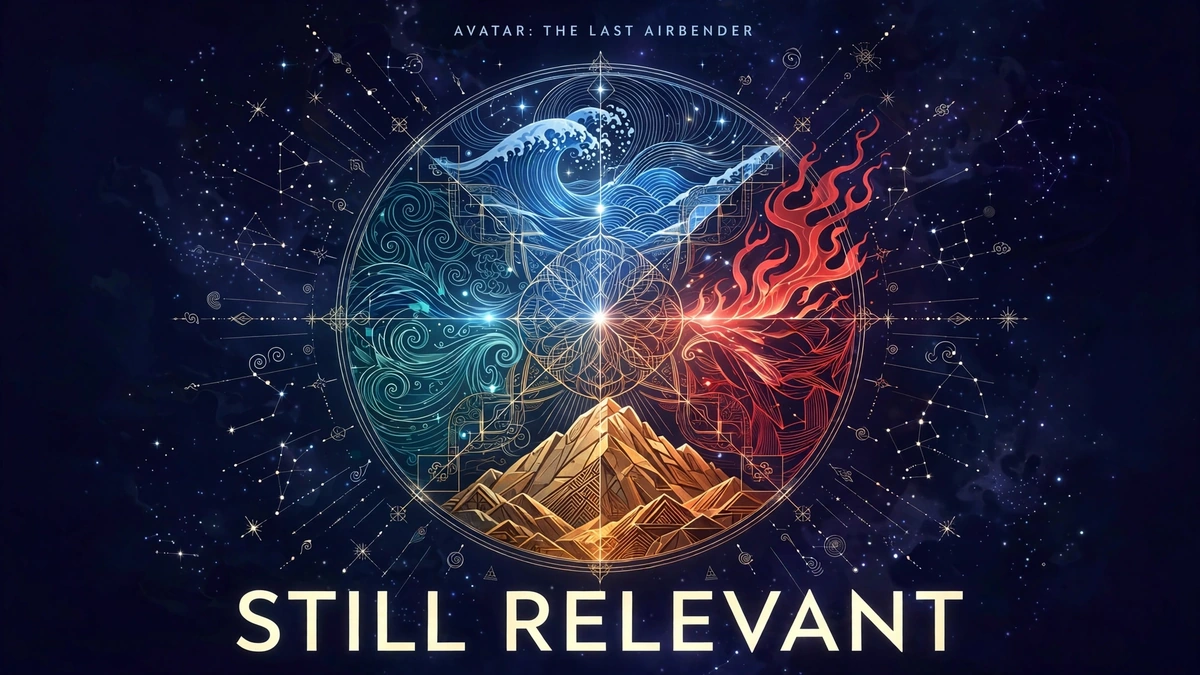 Illustration of a four-element mandala under the words Avatar The Last Airbender Still Relevant