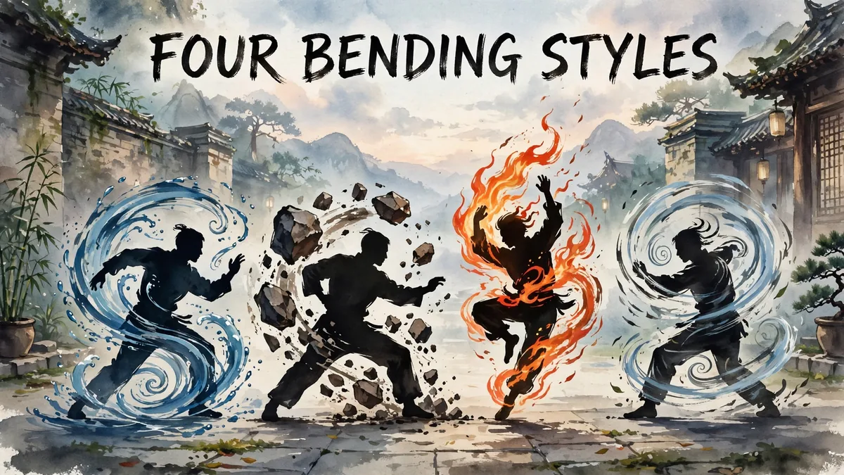 Original illustration of four martial-arts silhouettes each bending a different element in a courtyard