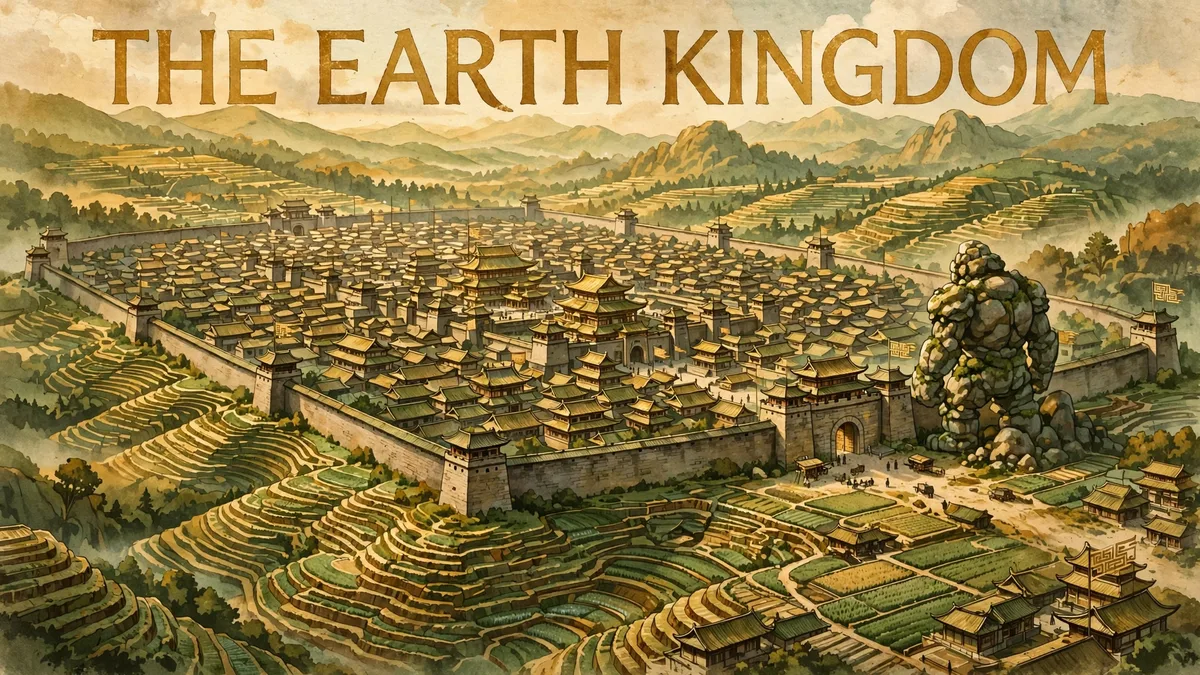 Original illustration of a vast walled East Asian-inspired capital city with tiered rooftops and terraced fields