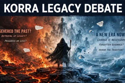 Editorial illustration of the Korra legacy debate: a hooded figure between fire and water, with severed past-life silhouettes dissolving.