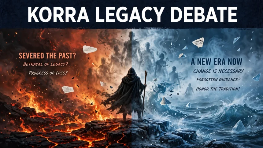 Editorial illustration of the Korra legacy debate: a hooded figure between fire and water, with severed past-life silhouettes dissolving.