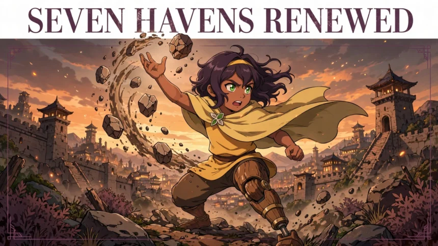 Editorial illustration: Avatar Pavi earthbending before a fortified haven; AI-generated unofficial artwork.