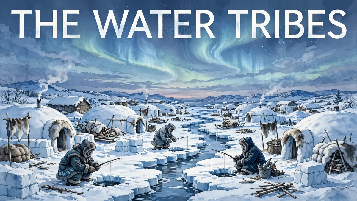 Original illustration of an Arctic-inspired polar village of snow houses and ice canals under the aurora