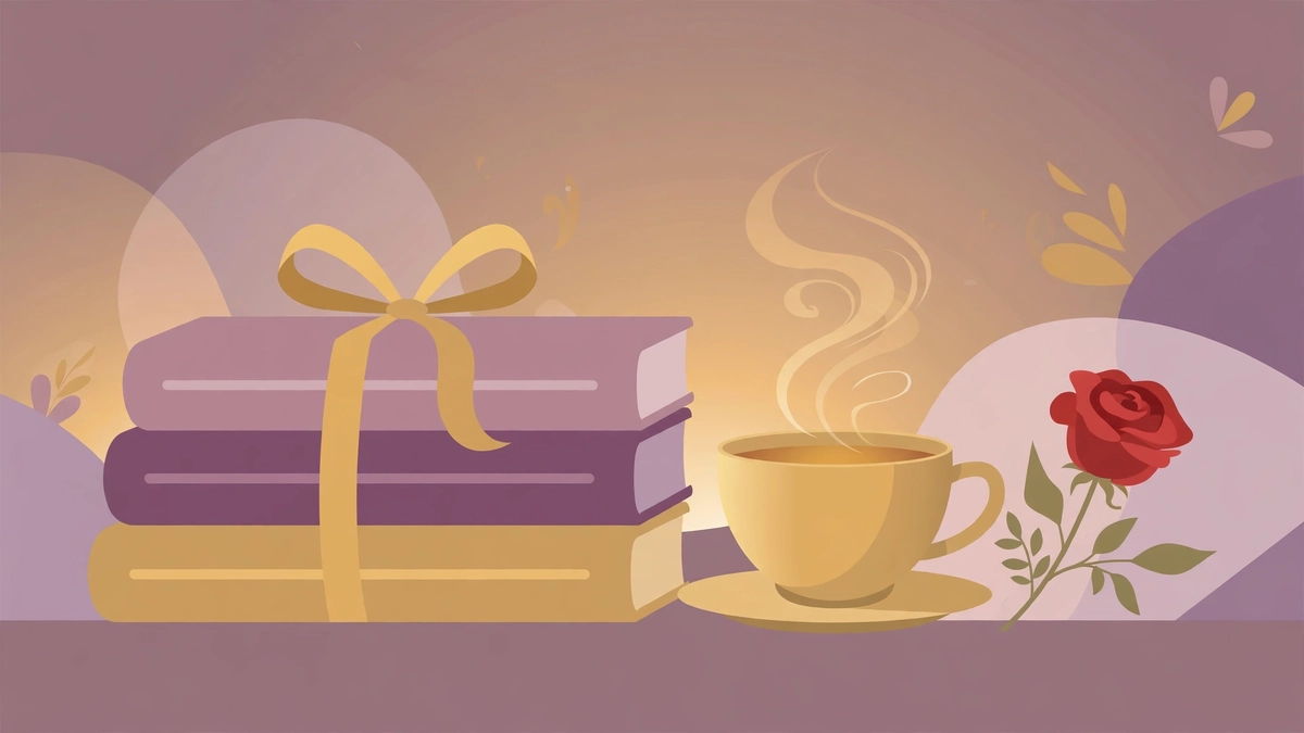 Illustration of a stack of books tied with a ribbon beside a cup of tea and a red rose