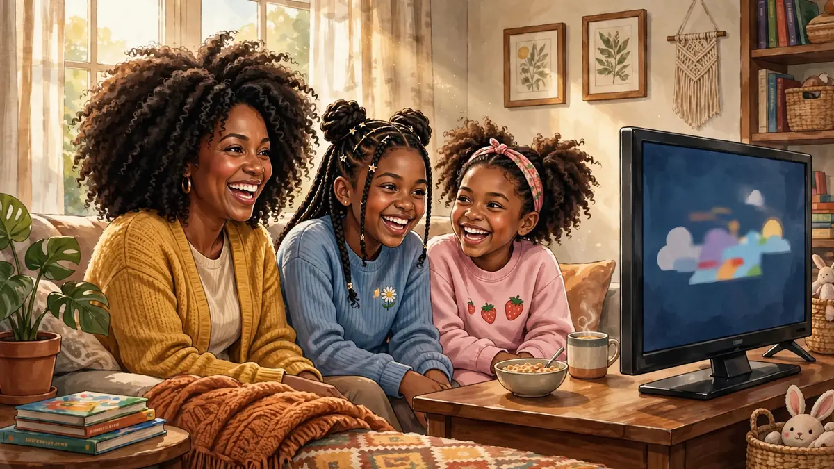 Illustration of a Black mother with voluminous natural curls laughing with her daughters in a cozy living room