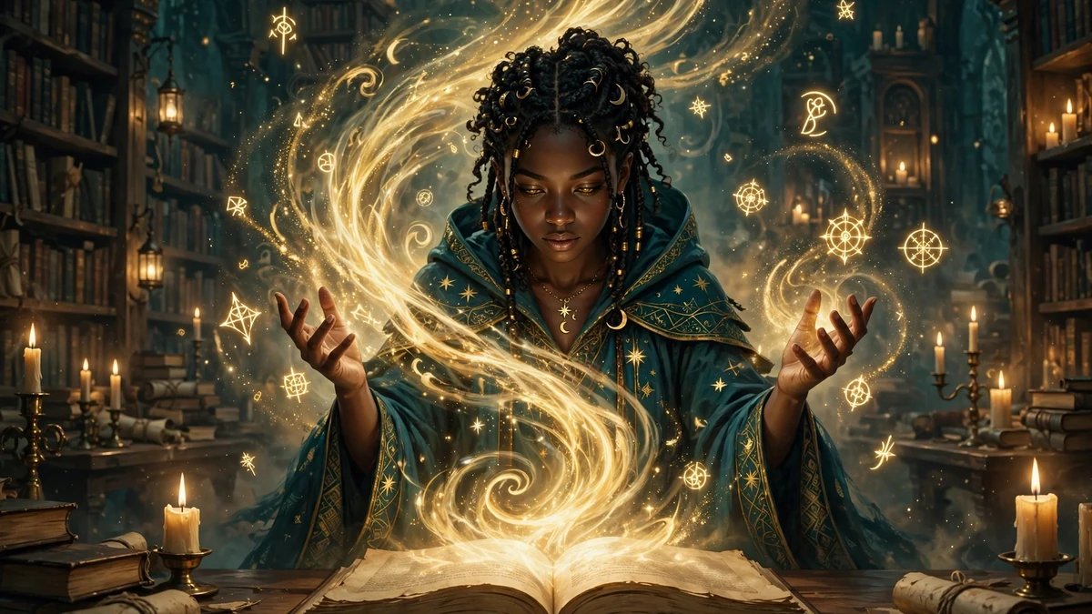 Original illustration of a young Black woman sorceress conjuring golden magic above an open book in a candlelit library