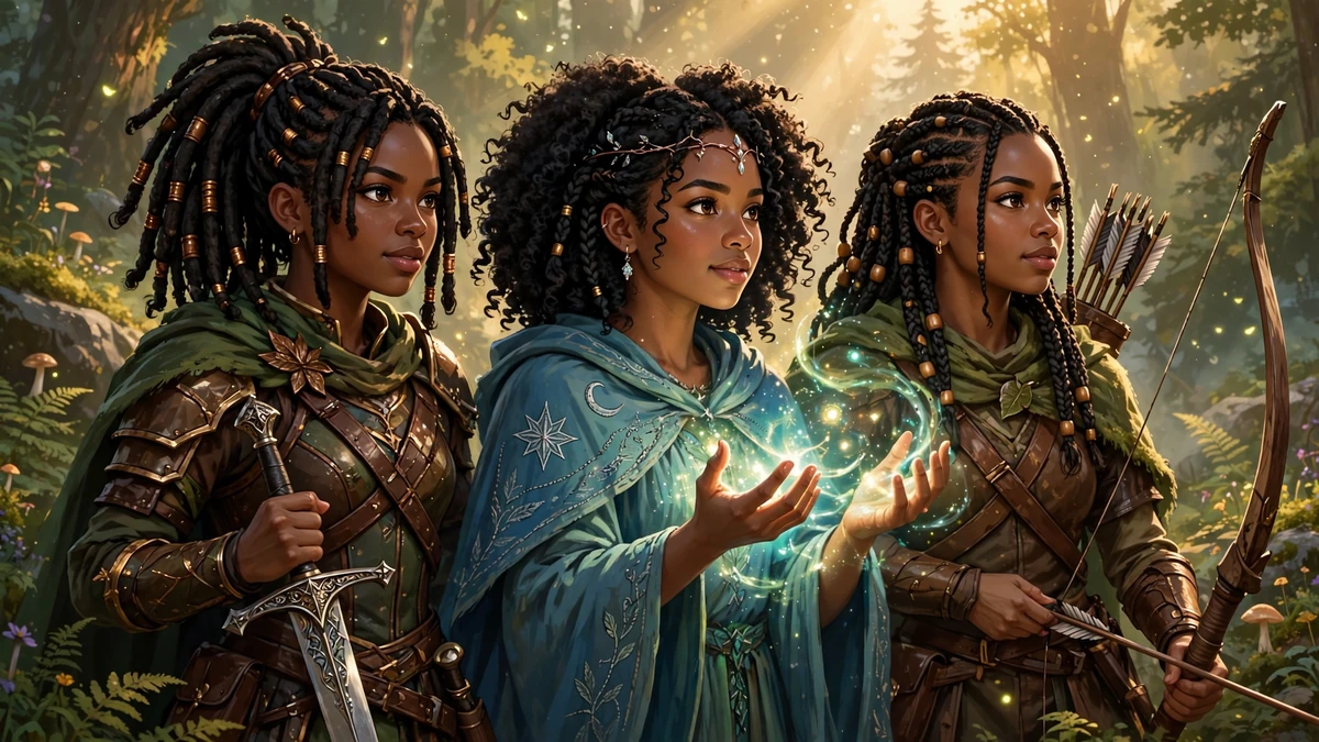 Original illustration of three young Black women fantasy heroines standing together in a magical forest