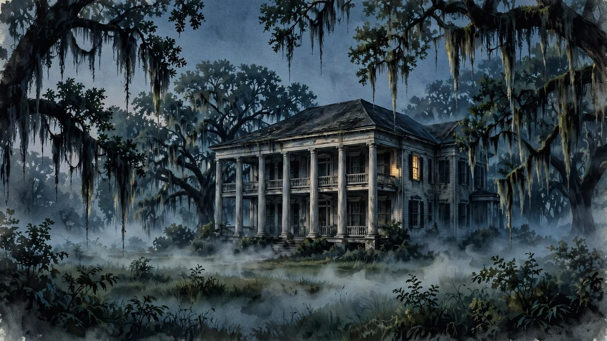 Original illustration of a grand old Southern house with tall columns at dusk, Spanish moss and fog, one glowing window