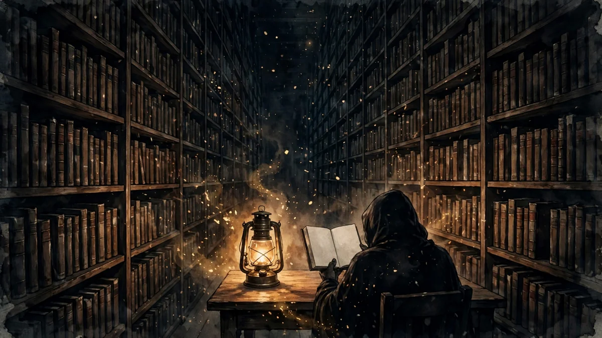 Original illustration of a dark library aisle with tall shelves, lantern light and floating dust, a lone reader silhouette at a table