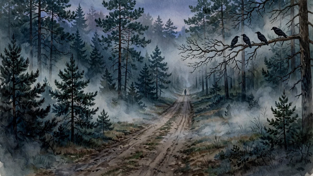 Original illustration of a lonely dirt road through pine woods at twilight, a small distant figure walking away, crows on a bare branch, mist