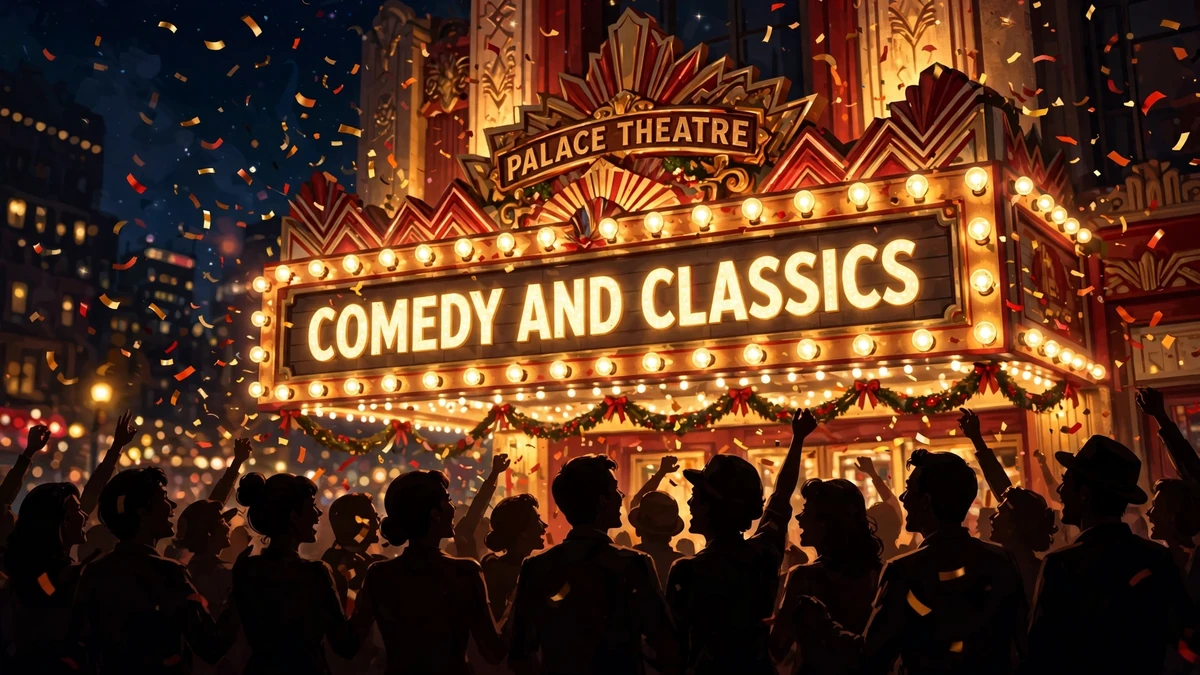 Original editorial illustration of a joyful retro movie theater marquee with confetti and a cheering crowd