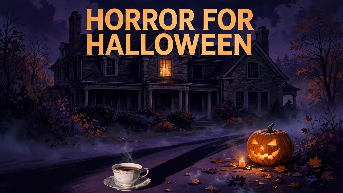 Original editorial illustration of a spooky suburban house at night with a glowing window, teacup, and jack-o-lantern