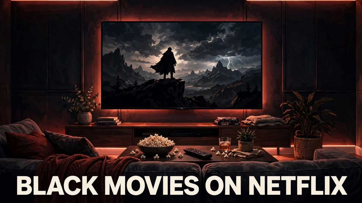 Original editorial illustration of a cozy home cinema with a glowing TV, popcorn, and warm red ambient light