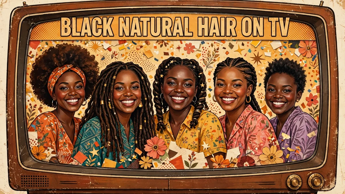 Illustration of a vintage TV screen filled with Black women celebrating natural hairstyles: afros, locs, twists, and braids