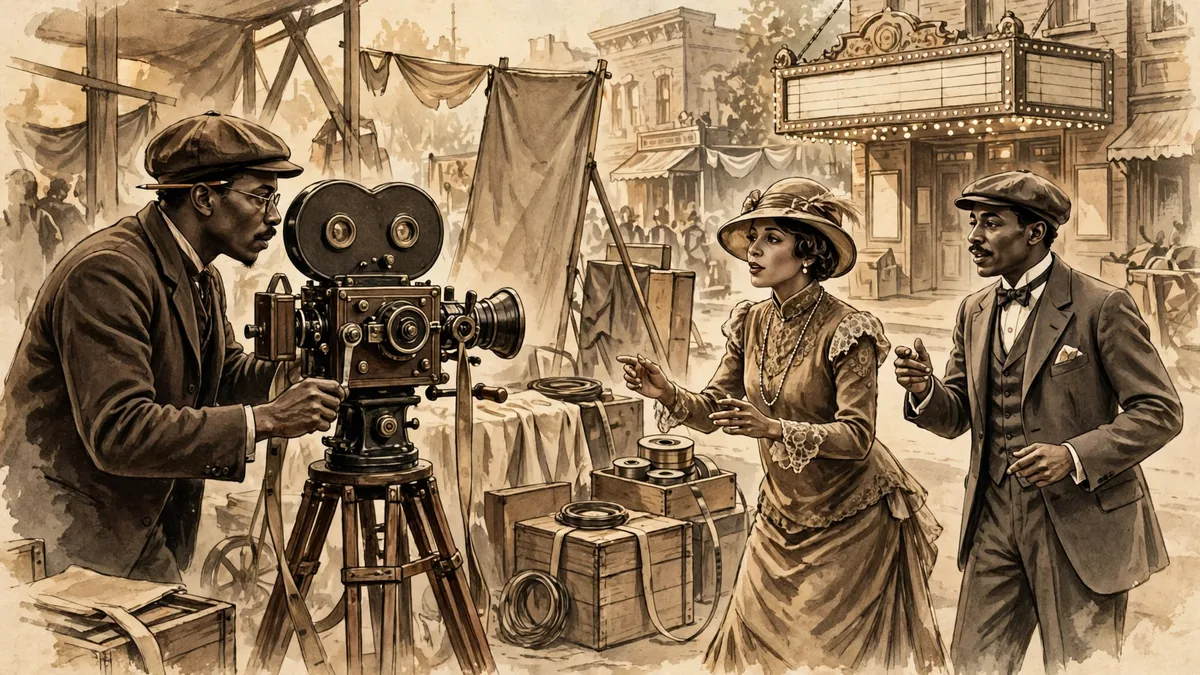 Illustration of an early Black independent film set with a vintage camera