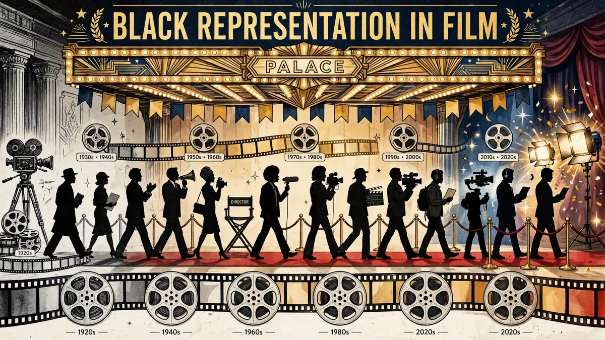 Illustration of a cinema marquee tracing Black film history across the decades