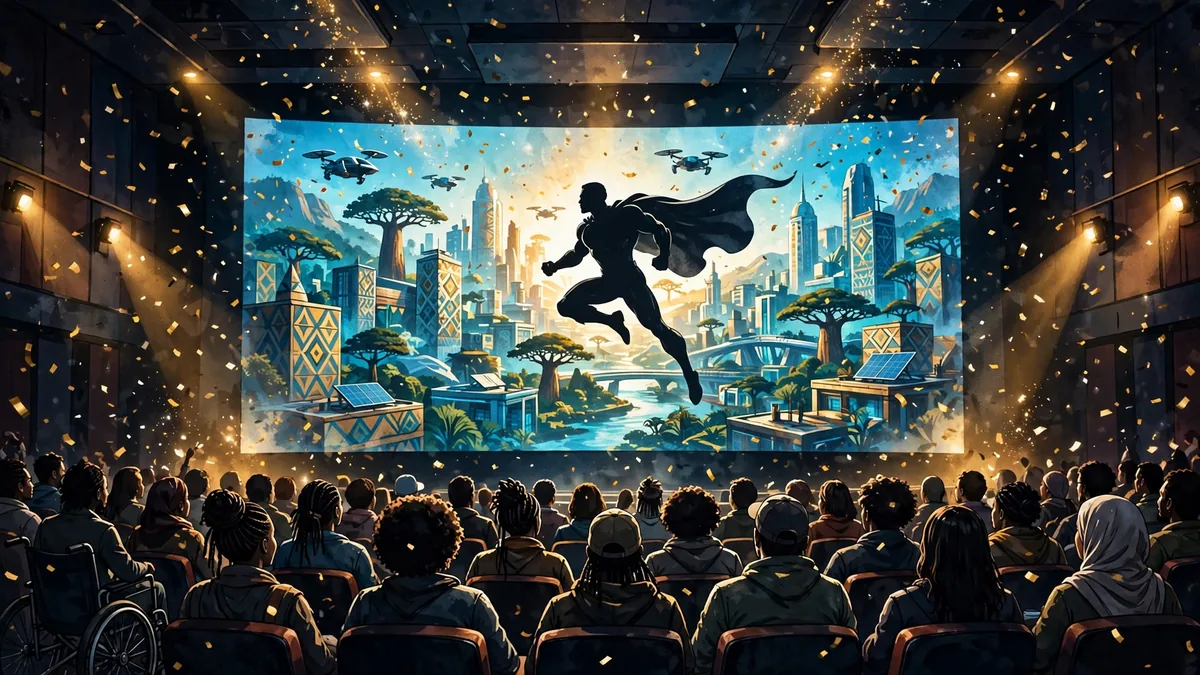 Illustration of a modern film premiere with a diverse audience and a glowing screen