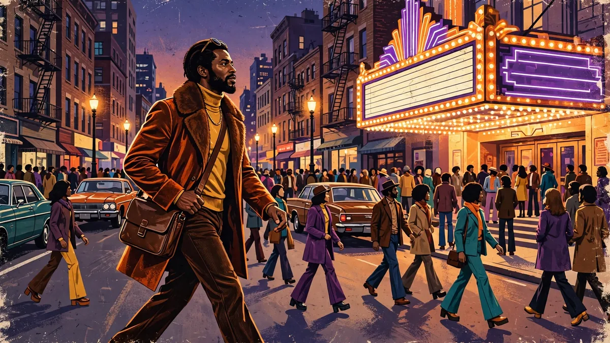 Illustration of a 1970s city street movie scene with a Black leading man