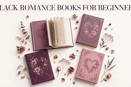 Editorial illustration of romance novels in plum and rose tones titled Black Romance Books for Beginners
