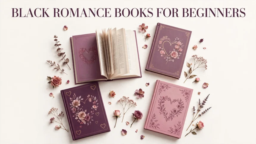 Editorial illustration of romance novels in plum and rose tones titled Black Romance Books for Beginners