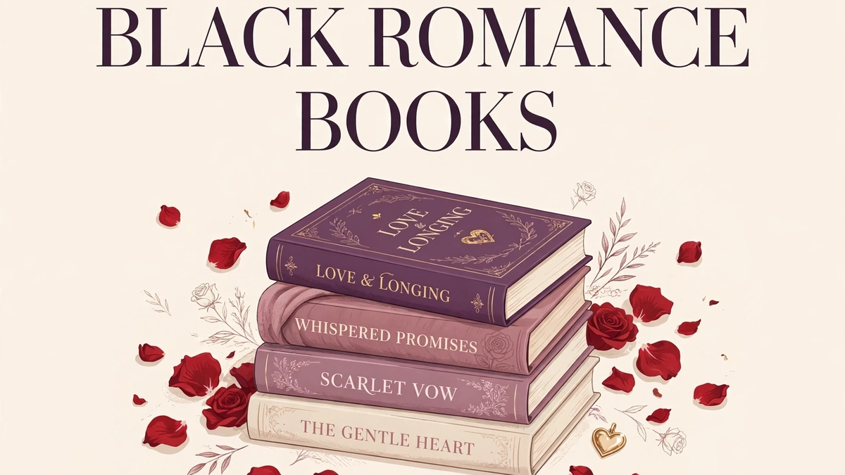 AI-generated editorial illustration of stacked romance novels in plum and rose tones with rose petals, with the text 'BLACK ROMANCE BOOKS'