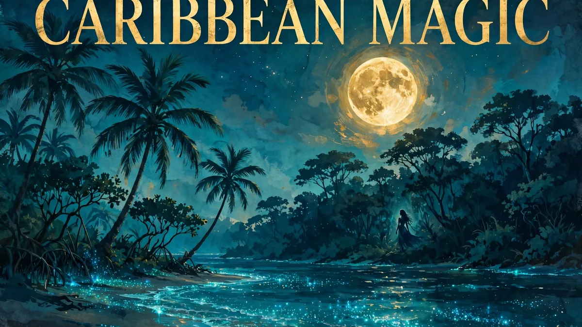 Original illustration of a Caribbean shore at night under a full moon with a distant figure among dark woods