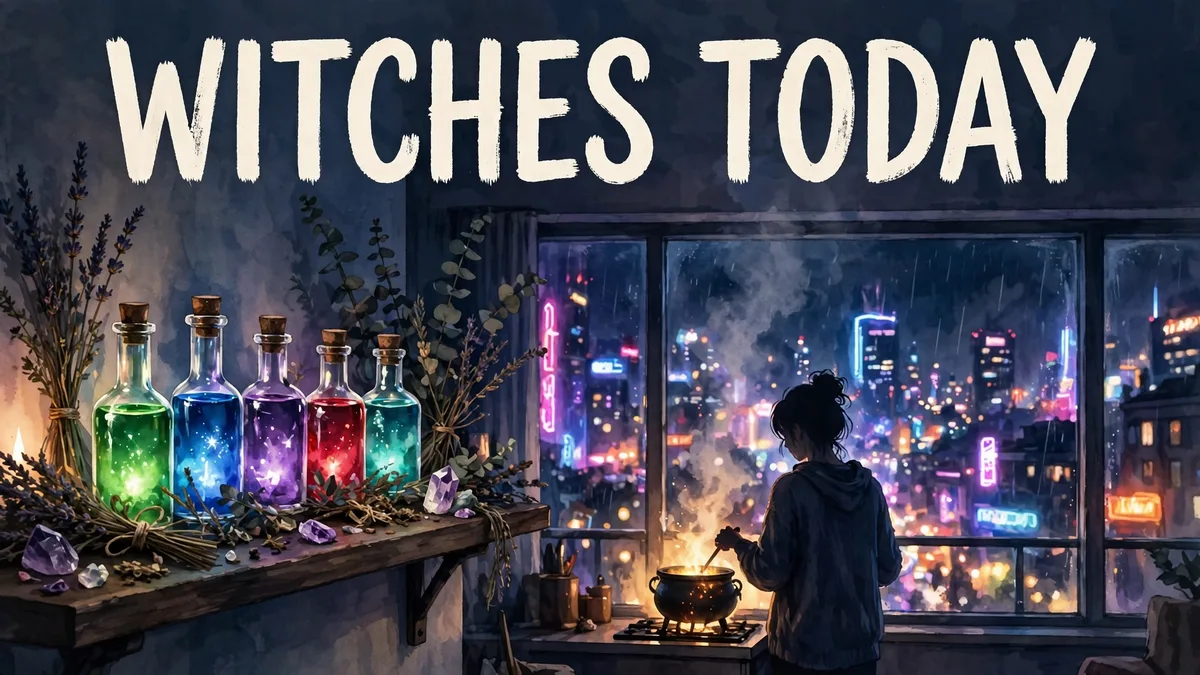 Original illustration of a modern apartment window at night with glowing potion bottles and a silhouette brewing over a cauldron