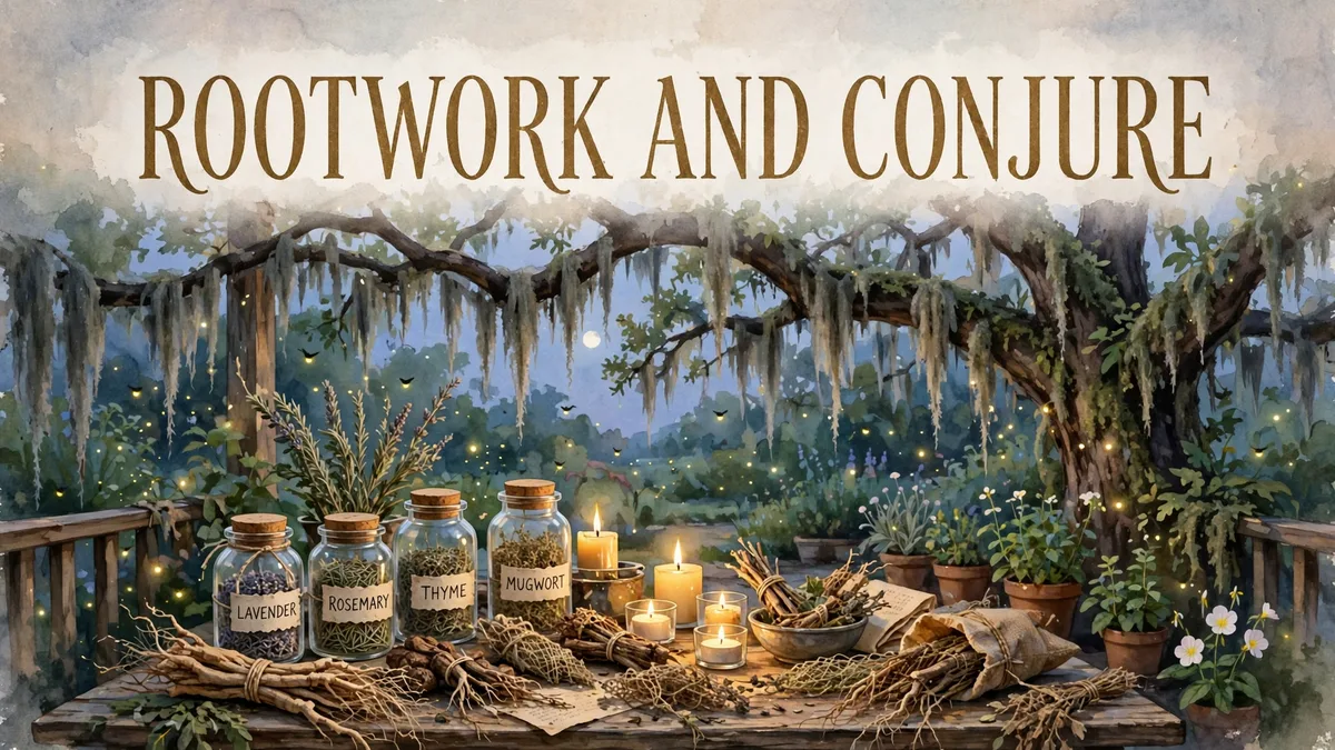 Original illustration of herb jars, roots, and candles on a porch table beneath a moss-draped oak tree
