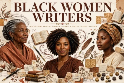 Original editorial illustration of three Black women writers of different generations surrounded by books, fountain pens, quills and typewriter keys, titled 'BLACK WOMEN WRITERS'