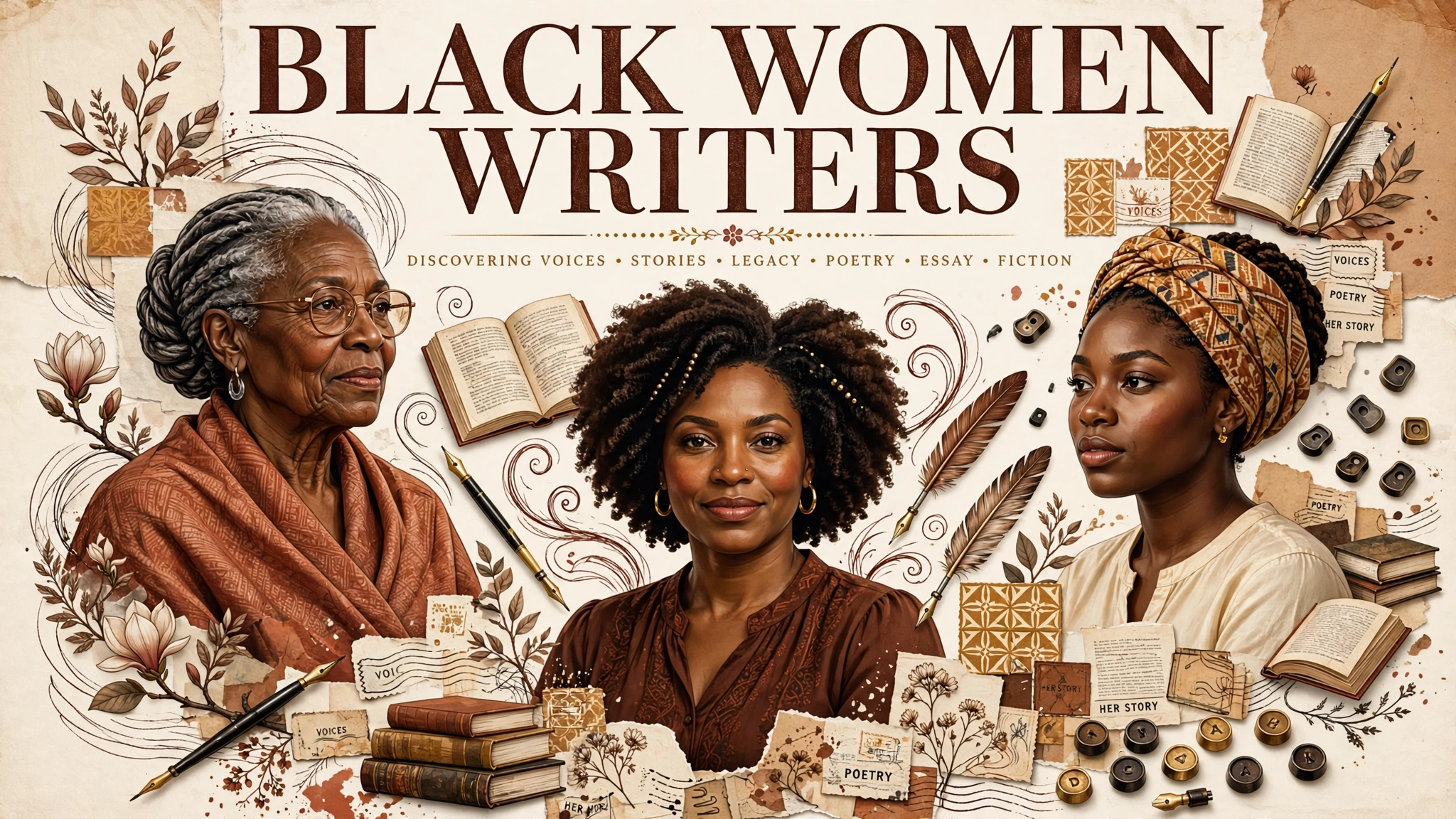 Original editorial illustration of three Black women writers of different generations surrounded by books, fountain pens, quills and typewriter keys, titled 'BLACK WOMEN WRITERS'