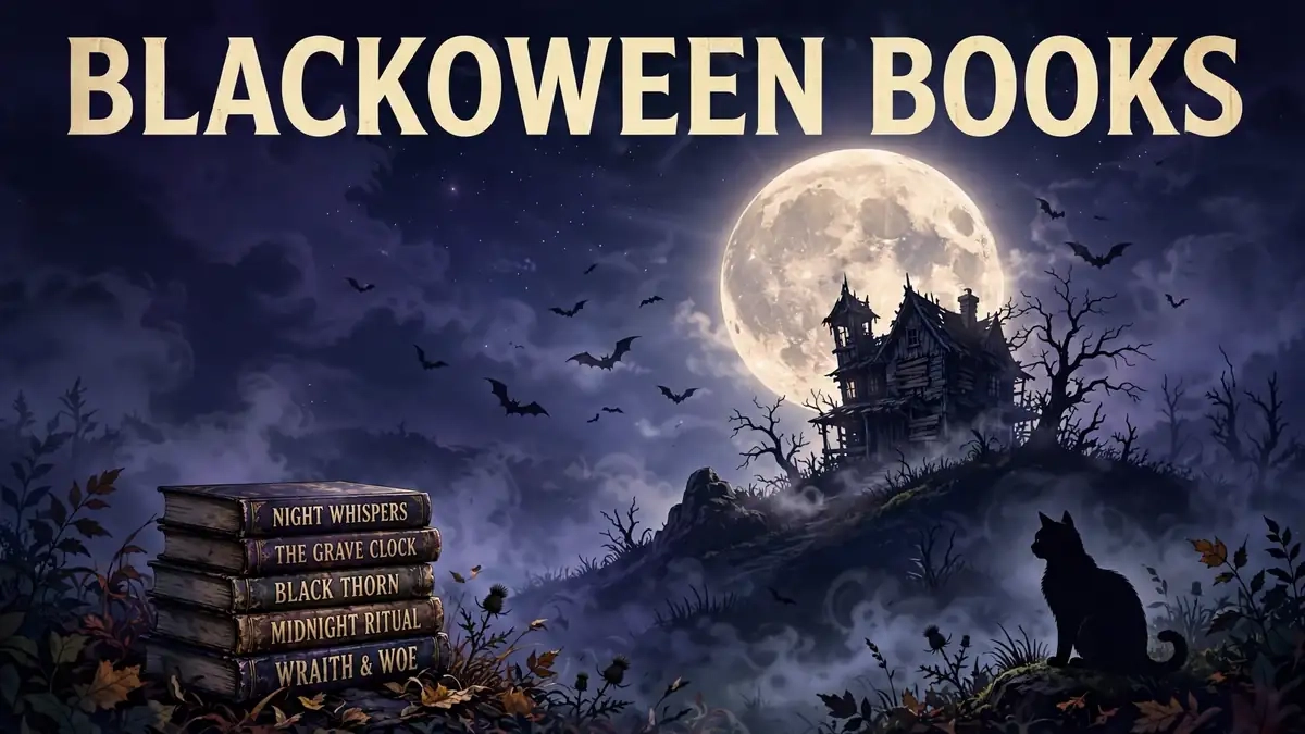 Editorial illustration of a haunted house under a full moon beside a stack of horror books, titled Blackoween Books