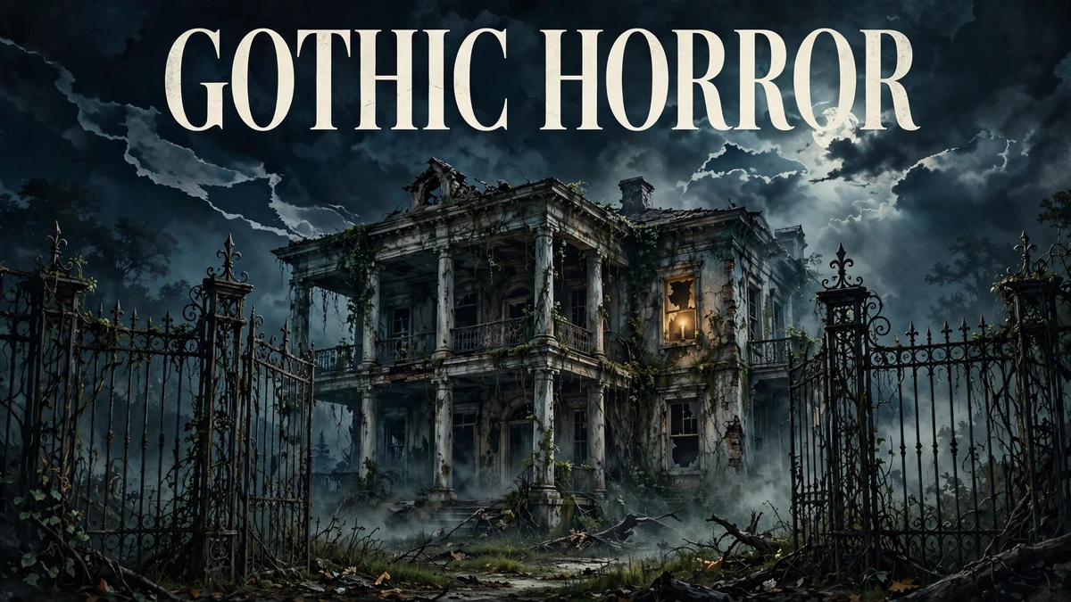 Editorial illustration of a decaying Southern mansion behind wrought-iron gates under storm clouds, titled Gothic Horror