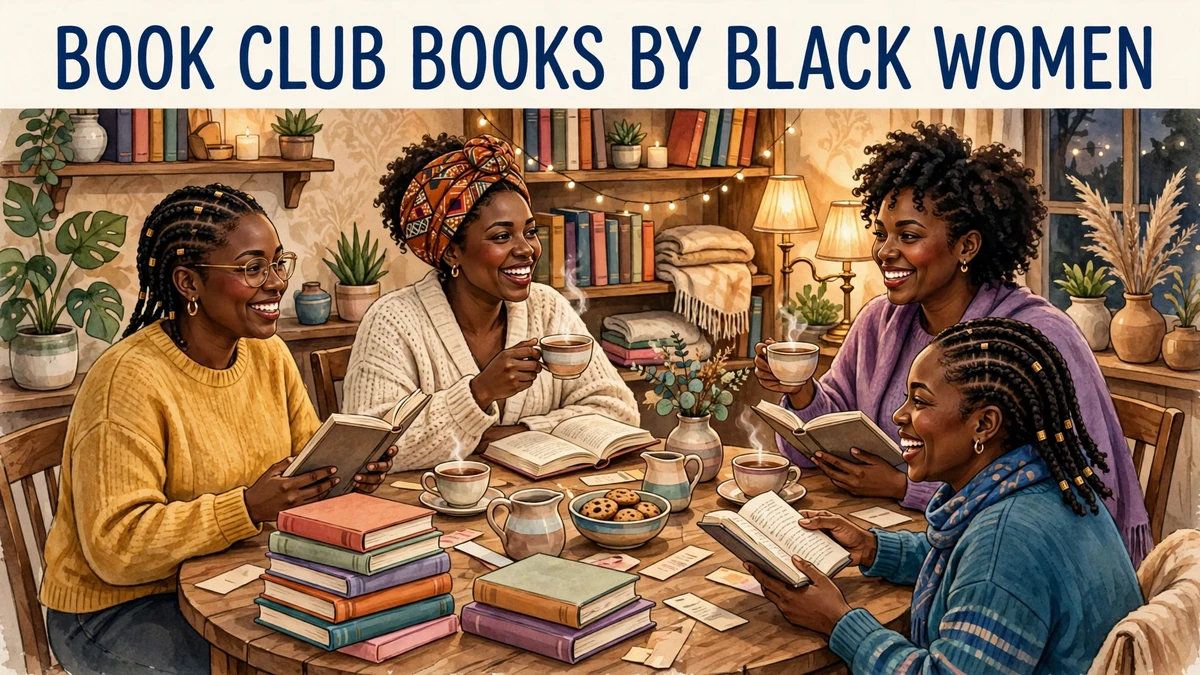 Illustration of Black women friends discussing books over tea at a book club table