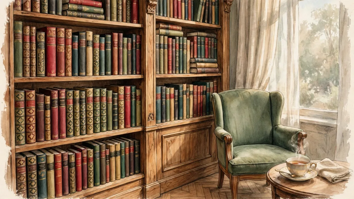 Illustration of a bookshelf of elegant classic novels beside a reading chair