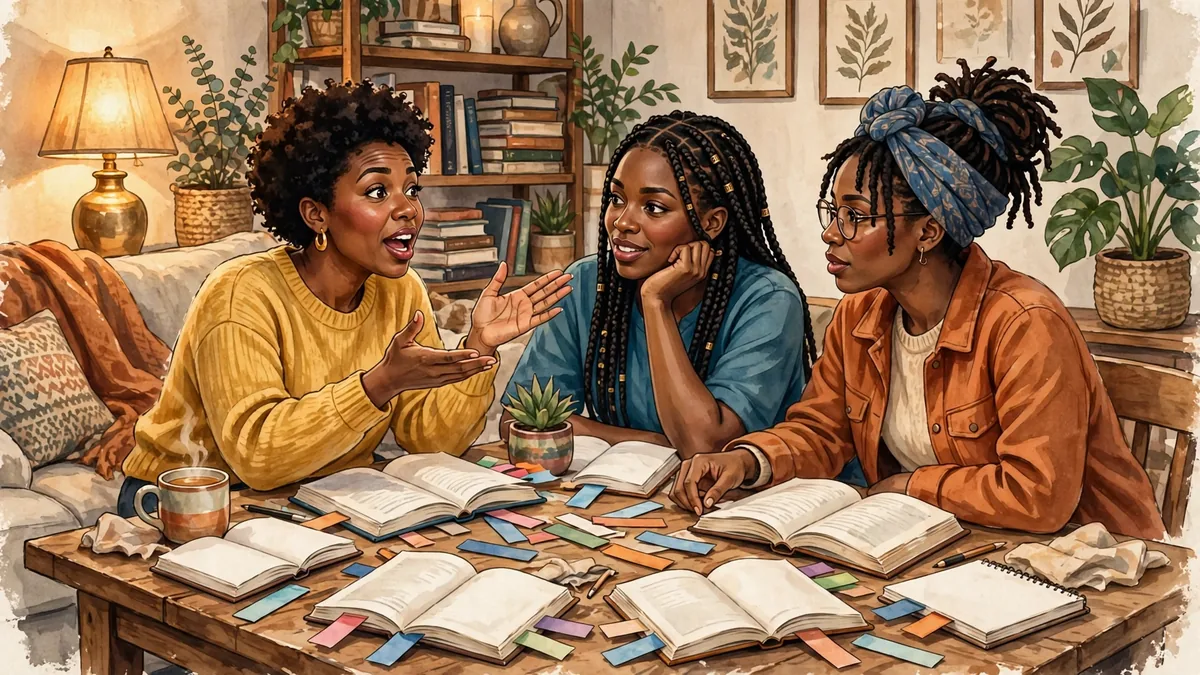 Illustration of friends in lively book club discussion over open books
