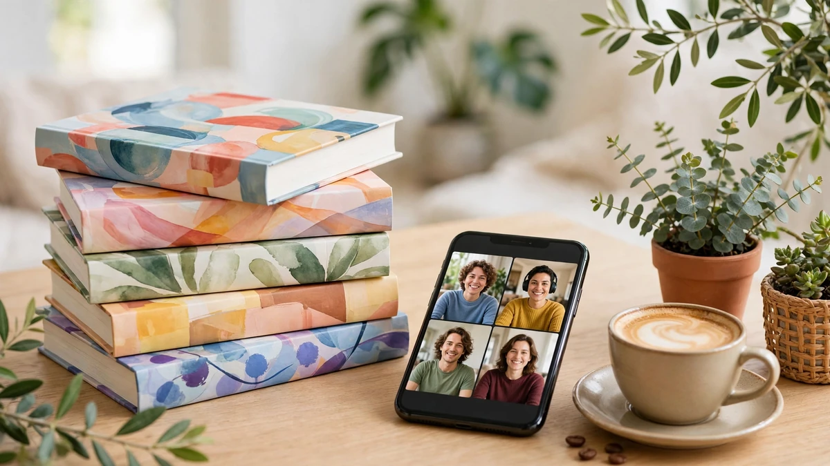 Illustration of contemporary novels stacked beside a phone showing a video book club call