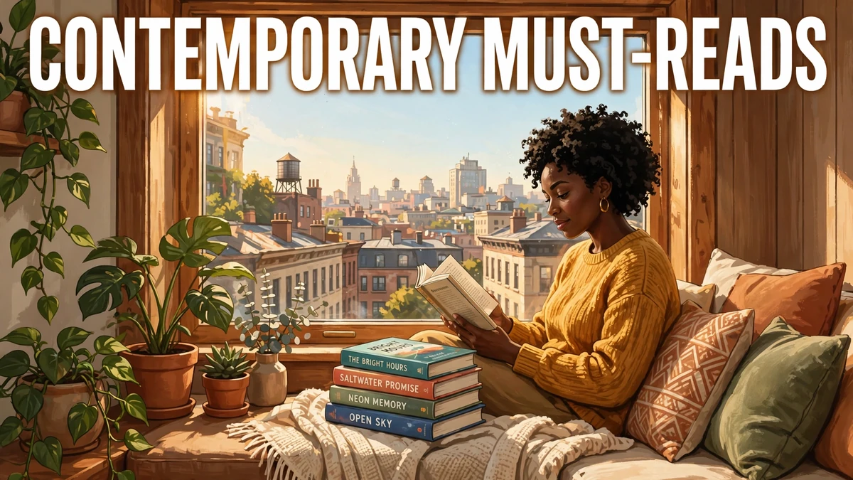 Original editorial illustration of a cozy reading nook with a Black woman reading on a sunlit window seat
