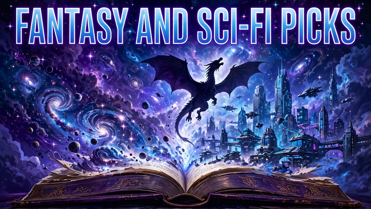 Original editorial illustration of an open book releasing a galaxy with a futuristic city and dragon rising from its pages