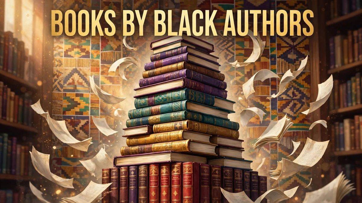 Original editorial illustration of a towering stack of colorful hardcover books with African textile patterns