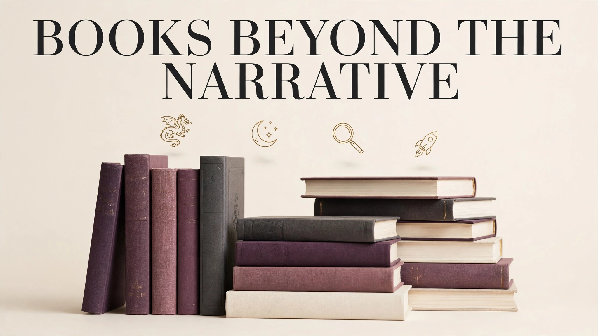 Editorial illustration of stacked hardcover books in plum and mauve tones with small gold genre icons, with the text 'Books Beyond the Narrative'