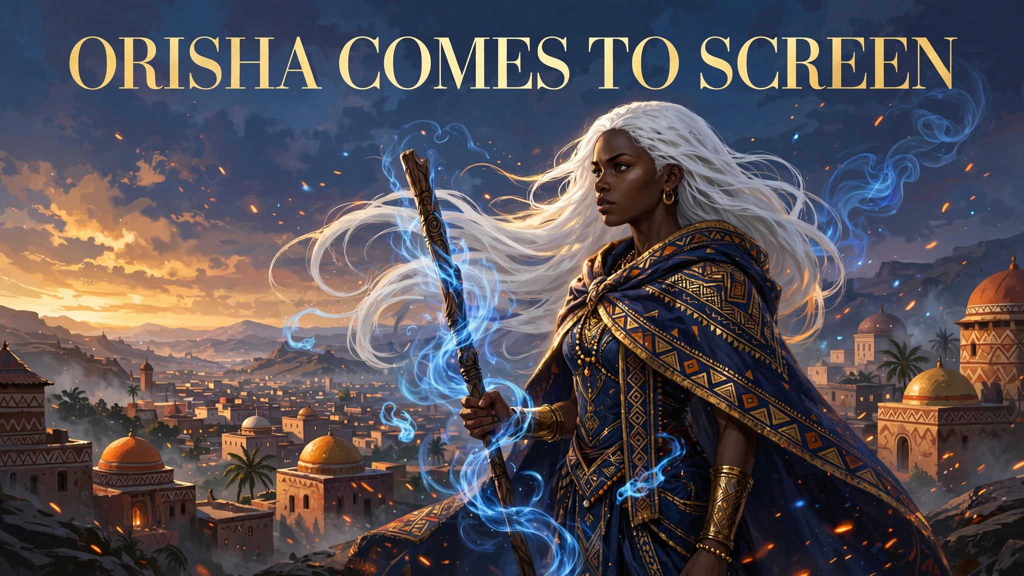 Original editorial illustration of a Zélie-inspired fantasy warrior woman with flowing white hair and a spirit-lit staff, standing above the kingdom of Orïsha at dusk