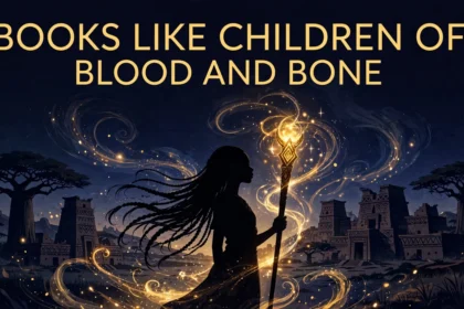 Editorial illustration: silhouette of a Black girl with long braids holding a glowing ancestral staff amid swirling gold magic, with West-African-inspired temples and trees at dusk