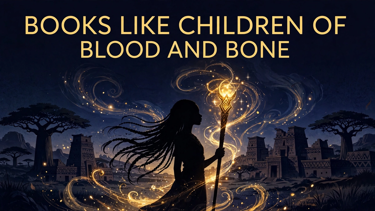 Editorial illustration: silhouette of a Black girl with long braids holding a glowing ancestral staff amid swirling gold magic, with West-African-inspired temples and trees at dusk