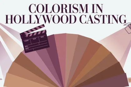 Editorial illustration of a film clapperboard and skin-tone spectrum titled Colorism in Hollywood Casting