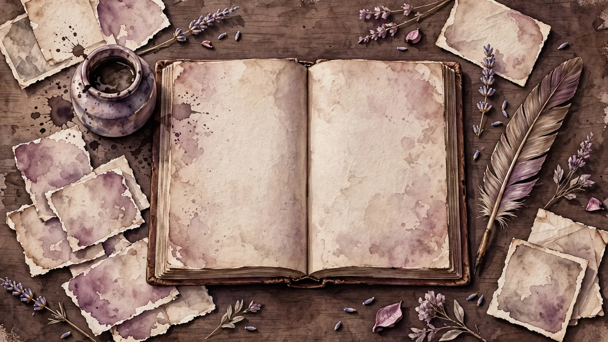 An open vintage book with a quill pen and ink pot on a dark wooden desk